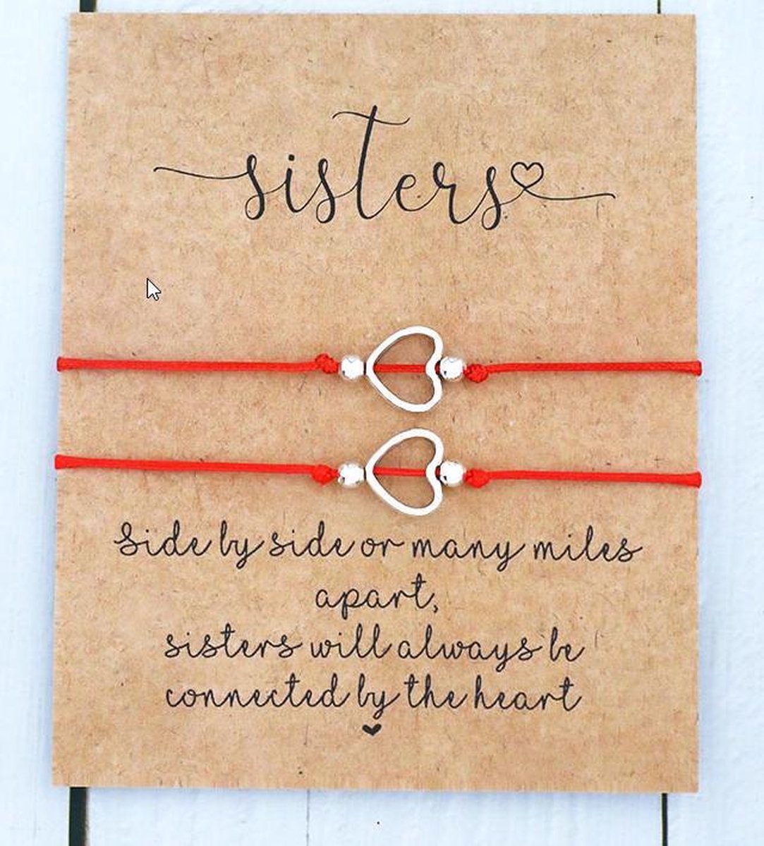 Sisters armband - rood - hanger hartje - 2 stuks - sister- vrienden