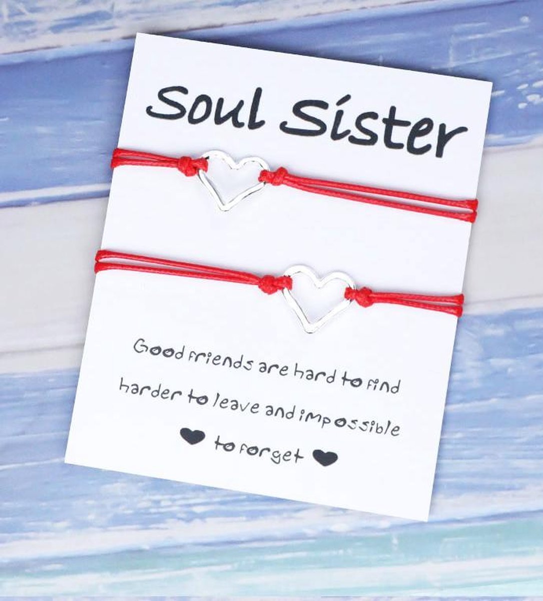 Sisters armband - soul sister - 2 stuks - hanger hart - rood