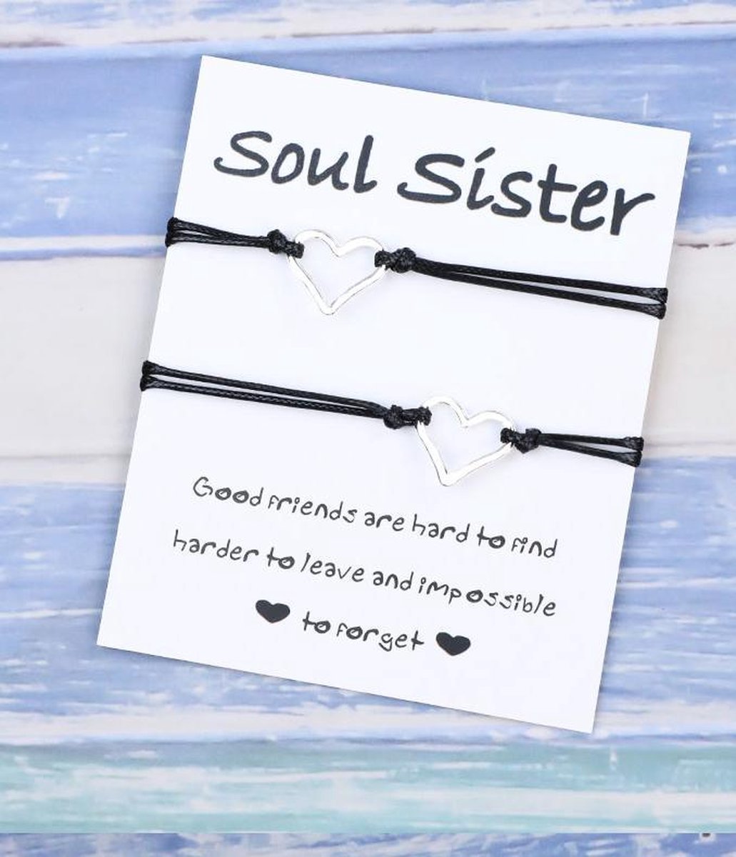 Sisters armband - soul sister - 2 stuks - zwart - hanger hartjes - vrienden - vriendschap