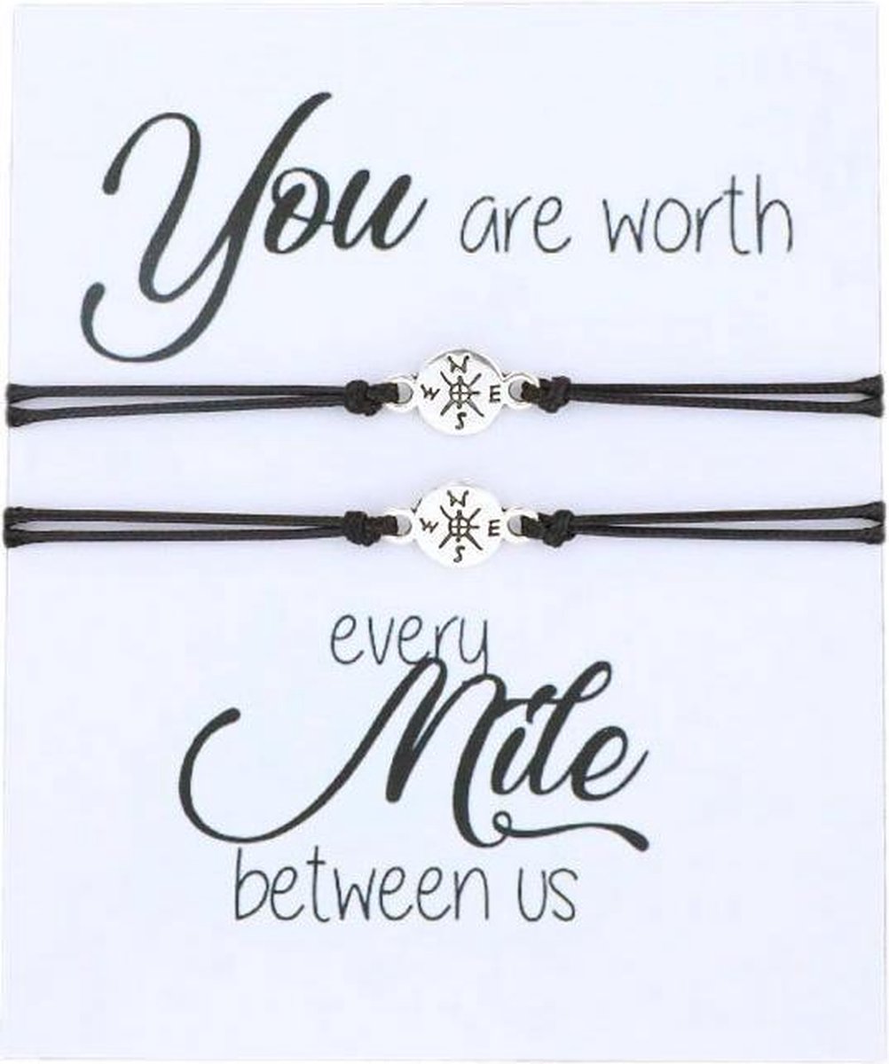 Vriendschaparmband - vrienden - relatie - distance bracelet - 2 stuks - zwart - hanger S-W-N-E