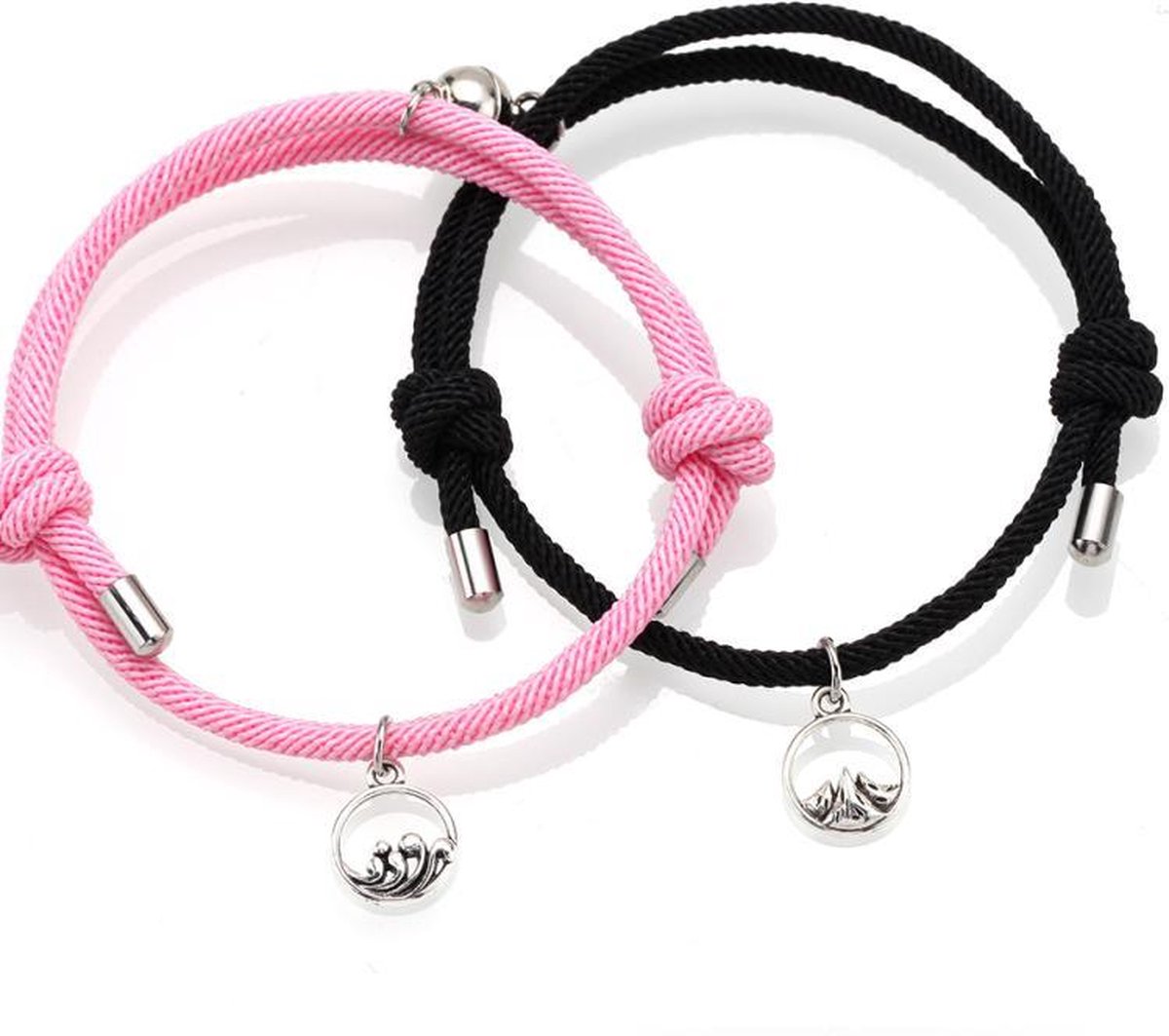 Vriendschaparmband - vrienden - relatie armband met magneet - 2 stuks - roze / zwart - BFF - love - one size