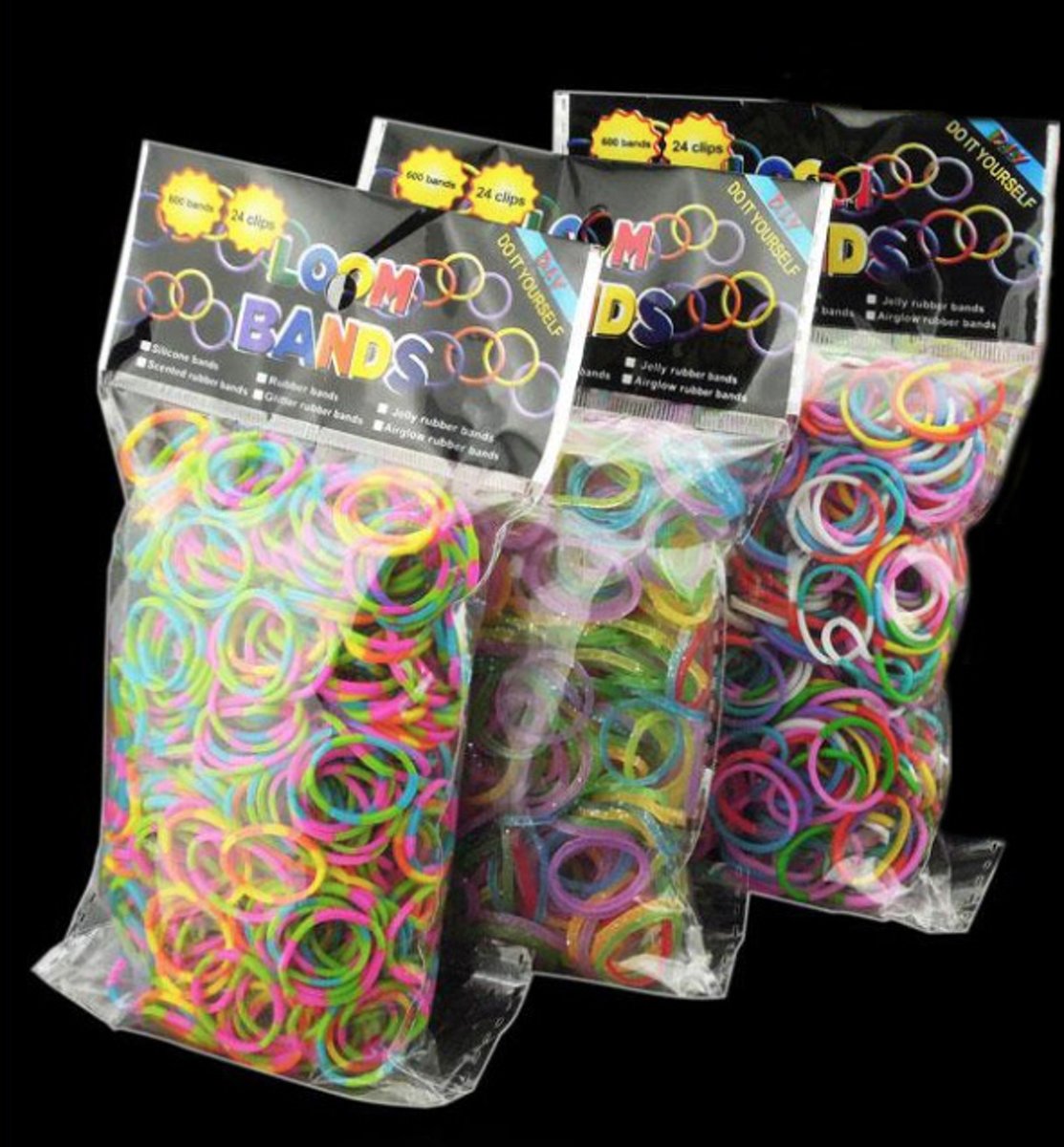 3x Glow in the dark Loom Mixed Elastiekjes - drie stuks Fluoriserende Looms - Glow in the dark Bands - 3 zakjes van elk 600 Stuks