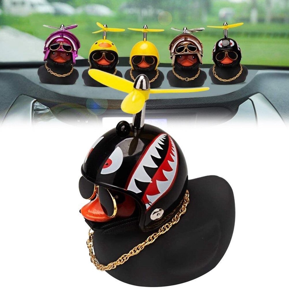 Auto decoratie Ornament-decoratie ducky met helm-Eend Met Helm-Auto Interieur Accessoire- Auto-Fiets-Motor-Met Kleefstrip- Stuk ZWART