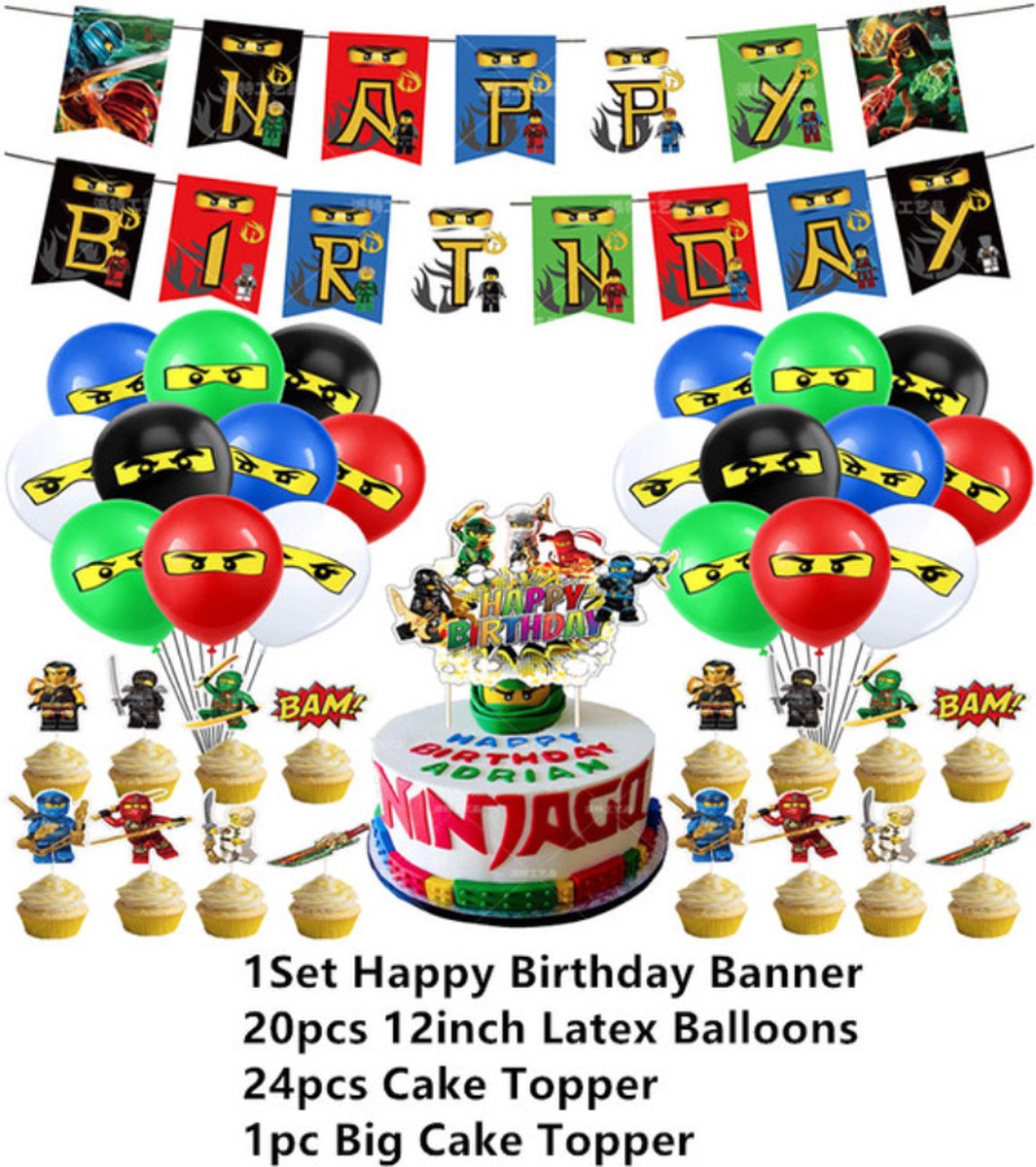 Ninjago Feest Pakket - Ninja Thema Feest - Verjaardag Feest Ninja go - Kinderfeestje Ninja - Ninjago Ballonnen - Ninjago Slingers - Cake Topper - Cupcake Toppers -