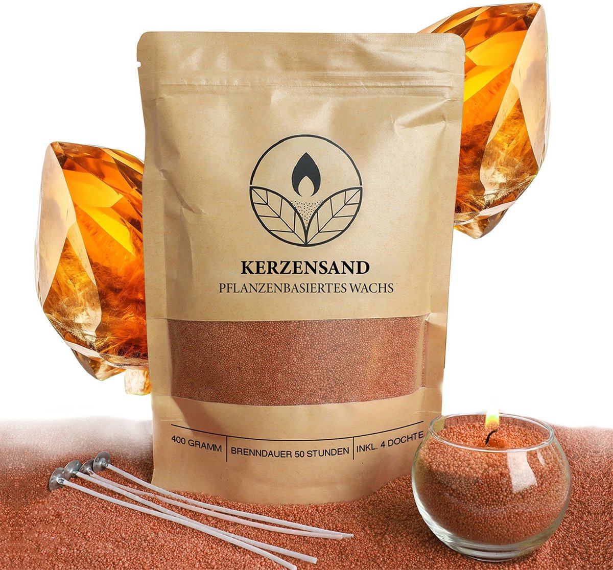Comforder 400g Kaarsenzand met Geur Amber - Burning Sand - Kaarsen Maken voor Volwassenen - 50 branduren - Met 4 lonten