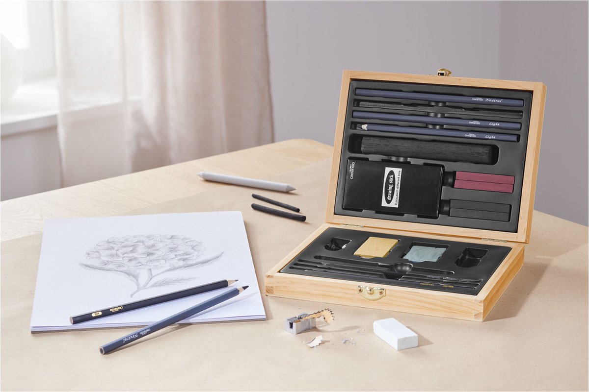 Crelando Houtskool Tekenset 26-delig - Schetsblok - Grafietstift - Potloden - Potlood - Berkenhouten Box