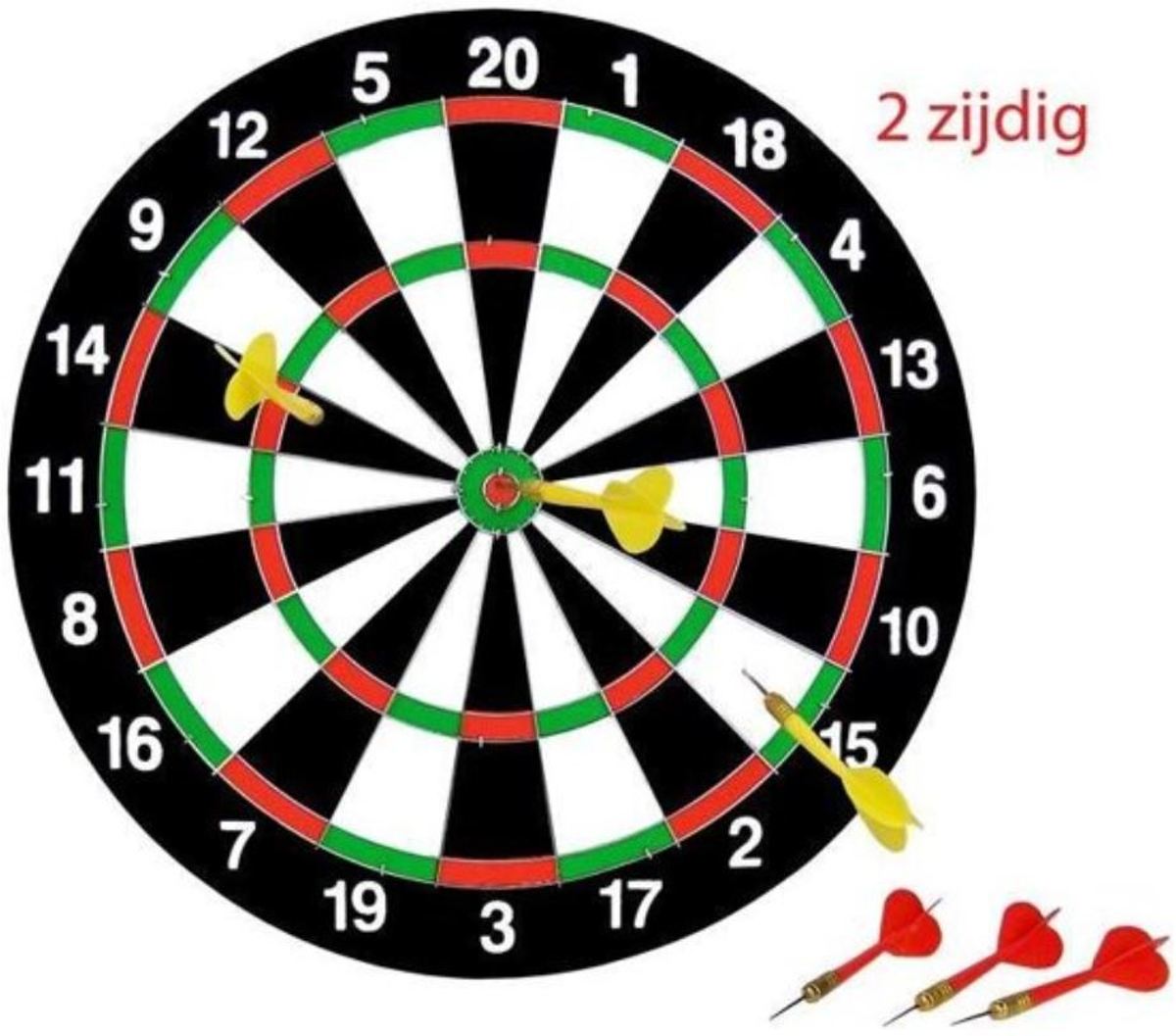 Dartspel 38 cm met ophanghaak en 3 x pijltjes geel en 3 x pijltjes rood