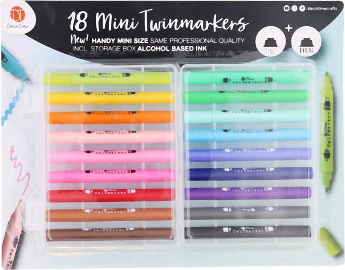 Decotime mini-twinmarkers - Inkt op alcohol basis - Inclusief handige opbergbox - 18 stuks