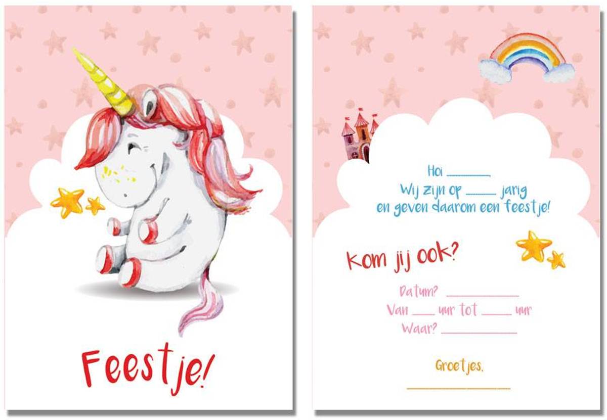 Kinderfeestje Uitnodigingen Tweeling Broertje Zusje DesignClaud - Eenhoorn / Unicorn - 12 stuks