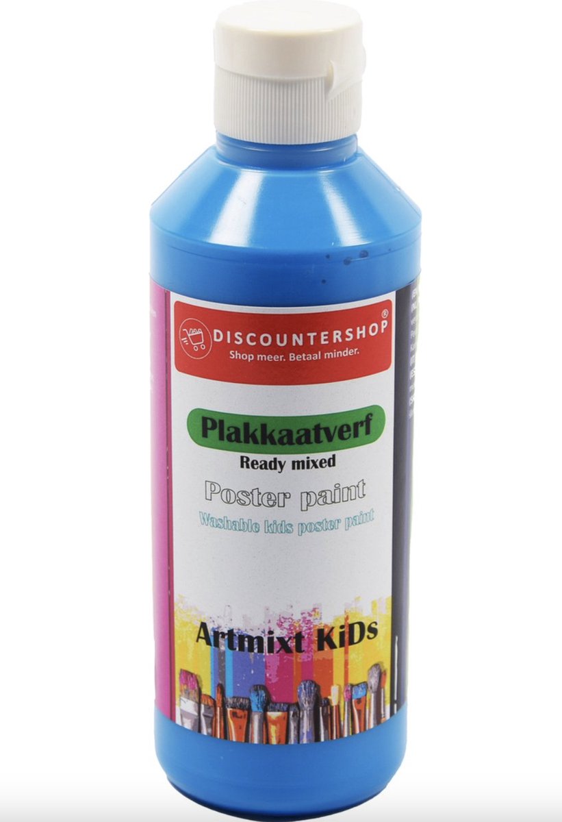 Plakkaat- plakkaatverf Discountershop - Plakkaat verf Basic waterbasis 250 ML - Plakkaatverf kinderen - plakkaatverf uitwasbaar Blauw plakkaatverf op hout