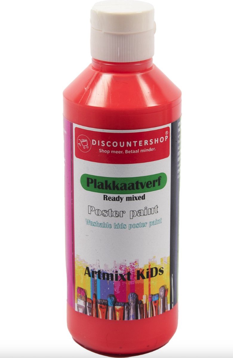 Plakkaat- plakkaatverf Discountershop - Plakkaat verf Basic waterbasis 250 ML - Plakkaatverf kinderen - plakkaatverf uitwasbaar Rood plakkaatverf op hout