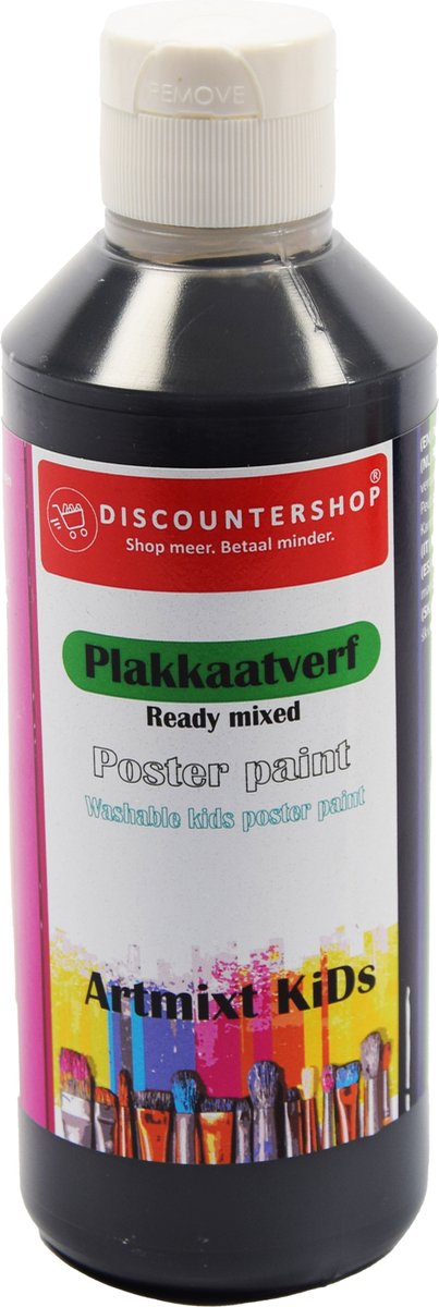 Plakkaat- plakkaatverf Discountershop - Plakkaat verf Basic waterbasis 250 ML - Plakkaatverf kinderen - plakkaatverf uitwasbaar Zwart - plakkaatverf op hout