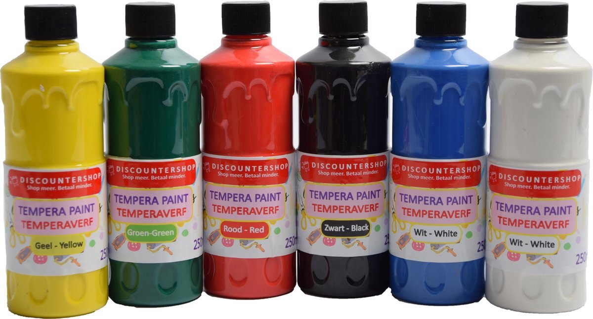 Tempera verf 250 ML - 6 stuks - Blauw - Geel - Groen - Rood - Wit - Zwart - Set van 6x Acrylverf / temperaverf - 6 kleuren - Fles 250 ml - Tempera / acryl verf - Hobby - knutselmateriaal - Schilderij maken - Verf op waterbasis - Hobby