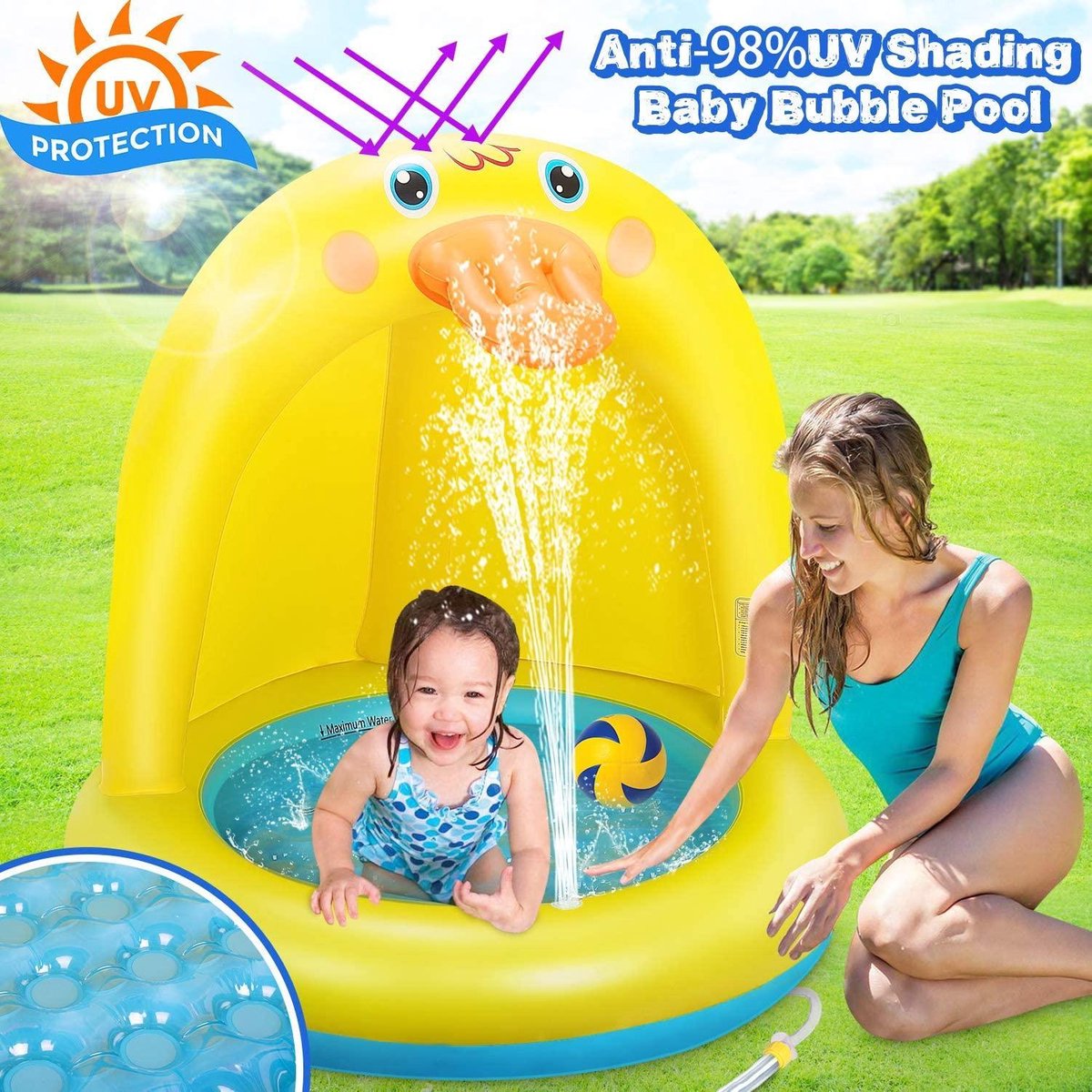 Opblaasbare kinderbadje, babyzwembad met zonwering, splash bad, zwembad in de zomer, waterspeelgoed voor tuin - strand - huisdieren -  baby - waterspray - kleine gele eend