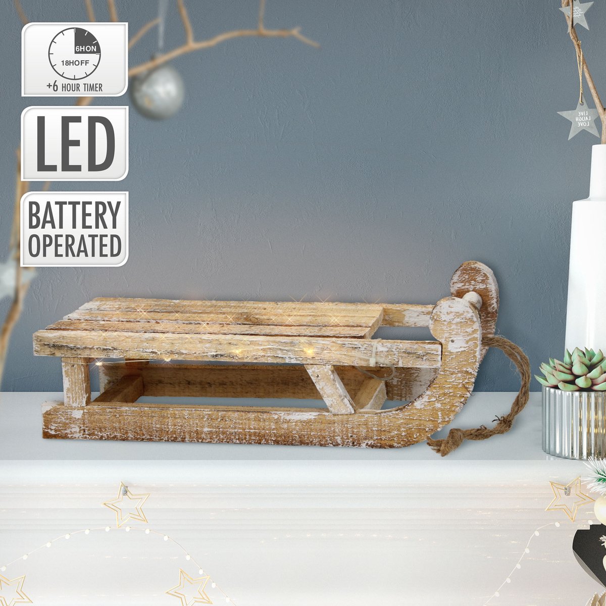 Deco Slee met 25 Warmwitte LEDs 31,5x14,5x10,5 cm Natuur gemaakt van hout