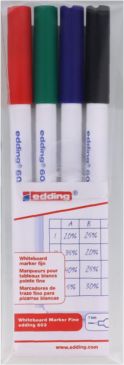 Edding Whiteboard Marker - 4Pack - MilkRun® - Uitwisbaar - 1mm - Kleurcombinatie Zwart-Rood-Blauw en Groen