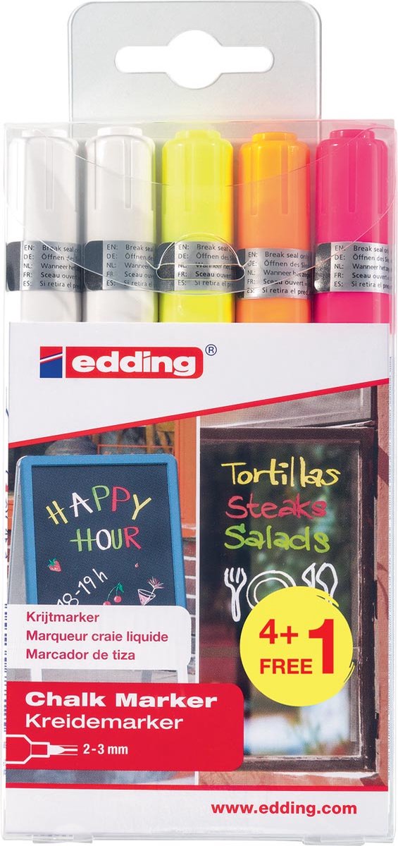 Edding krijtmarker 4095, assorti kleuren, etui van 5 stuks (4 + 1 gratis)