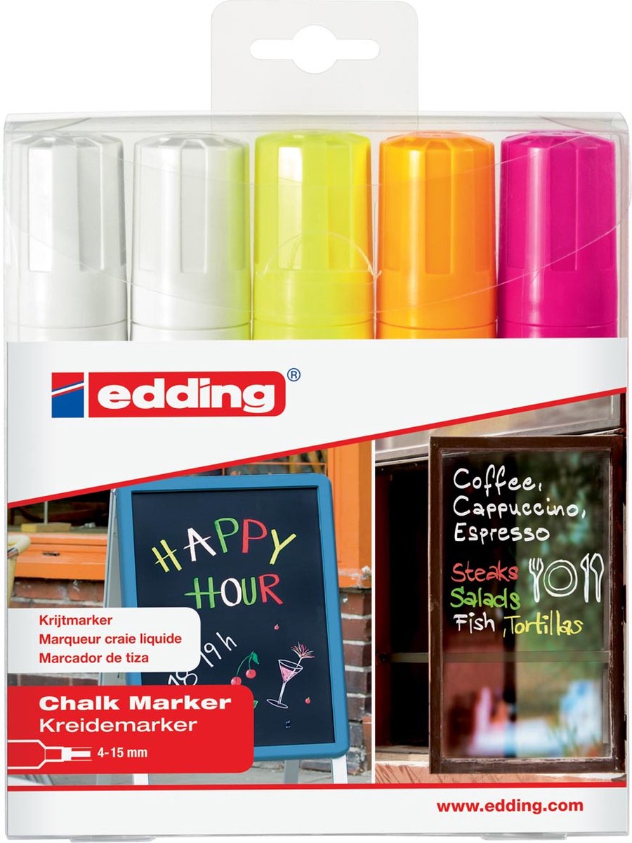 Edding krijtmarker e-4090 schuine punt etui van 5 stuks: 2 x wit, 1 x geel, 1 x oranje en 1 x roze 18 stuks