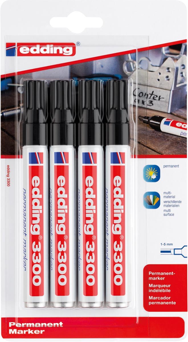 Edding permanent marker 3300 blister met 4 stuks, zwart 10 stuks