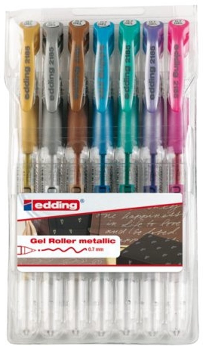 Gelrollers Edding 2185 assorti metallic kleuren, etui à 7 stuks.