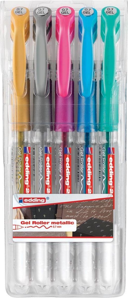 Gelrollers Edding 2185 set van 5 - goud, zilver, blauw, groen, roze