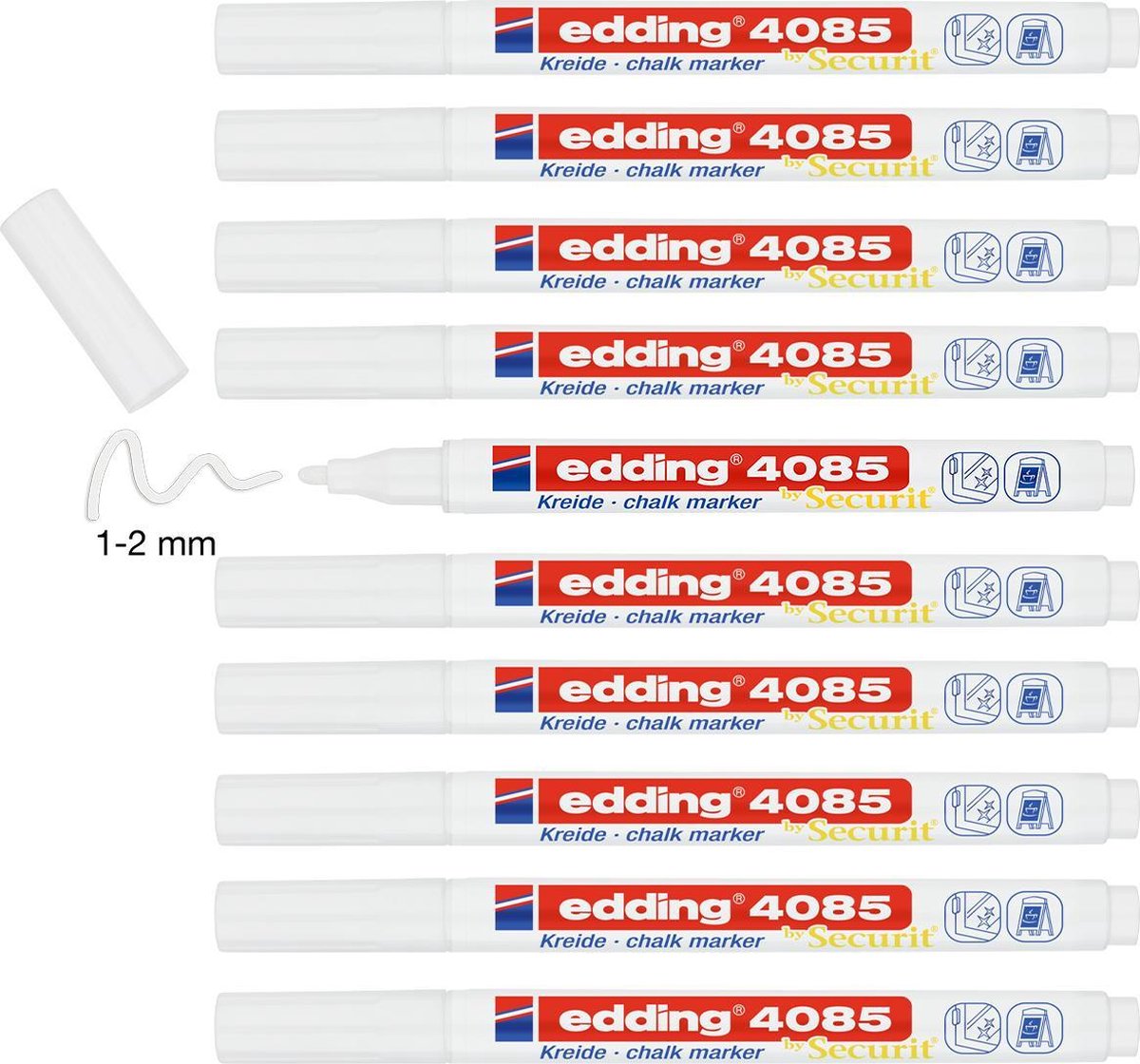 Krijtstift edding 4085 - 10 witte krijtmarkers - ronde punt, 1-2 mm