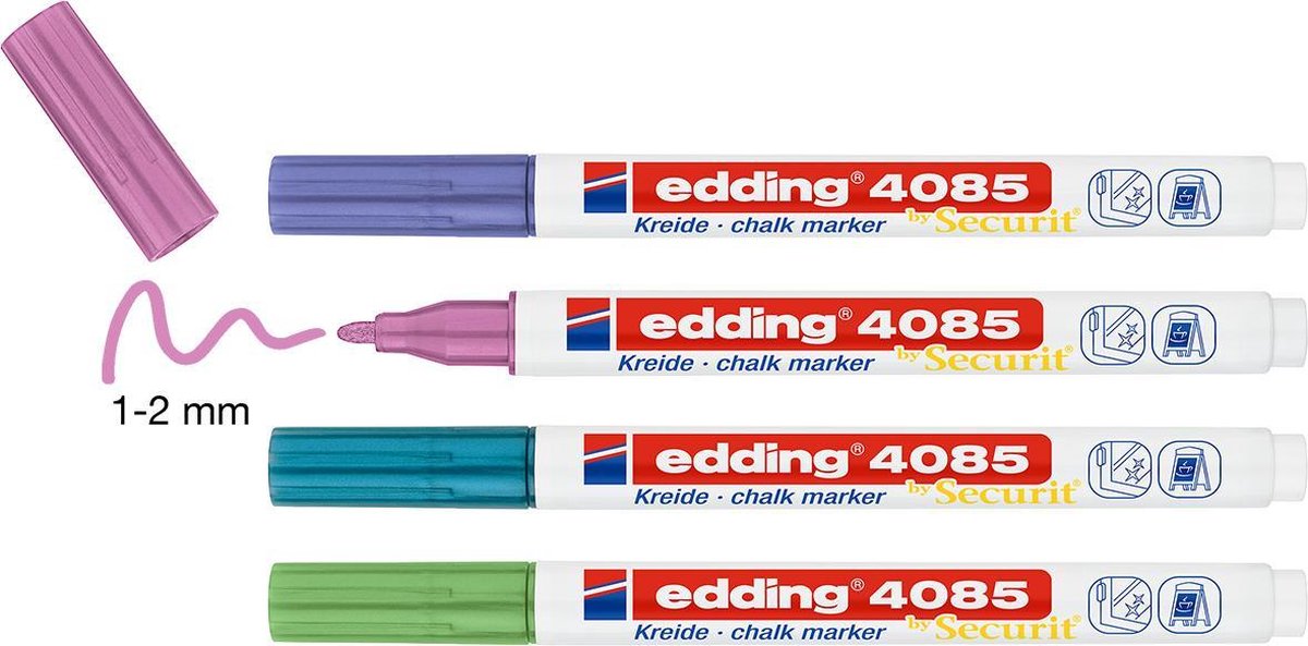 Krijtstift edding 4085 - 4 kleuren krijtmarkers: groen-metallic, blauw-metallic, paars-metallic en roze - ronde punt, 1-2mm