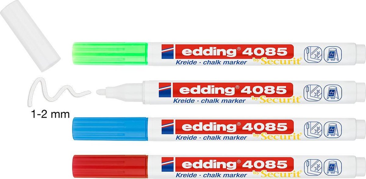 Krijtstift edding 4085 - 4 kleuren krijtmarkers: rood, wit, licht-blauw, neon-groen - ronde punt, 1-2mm