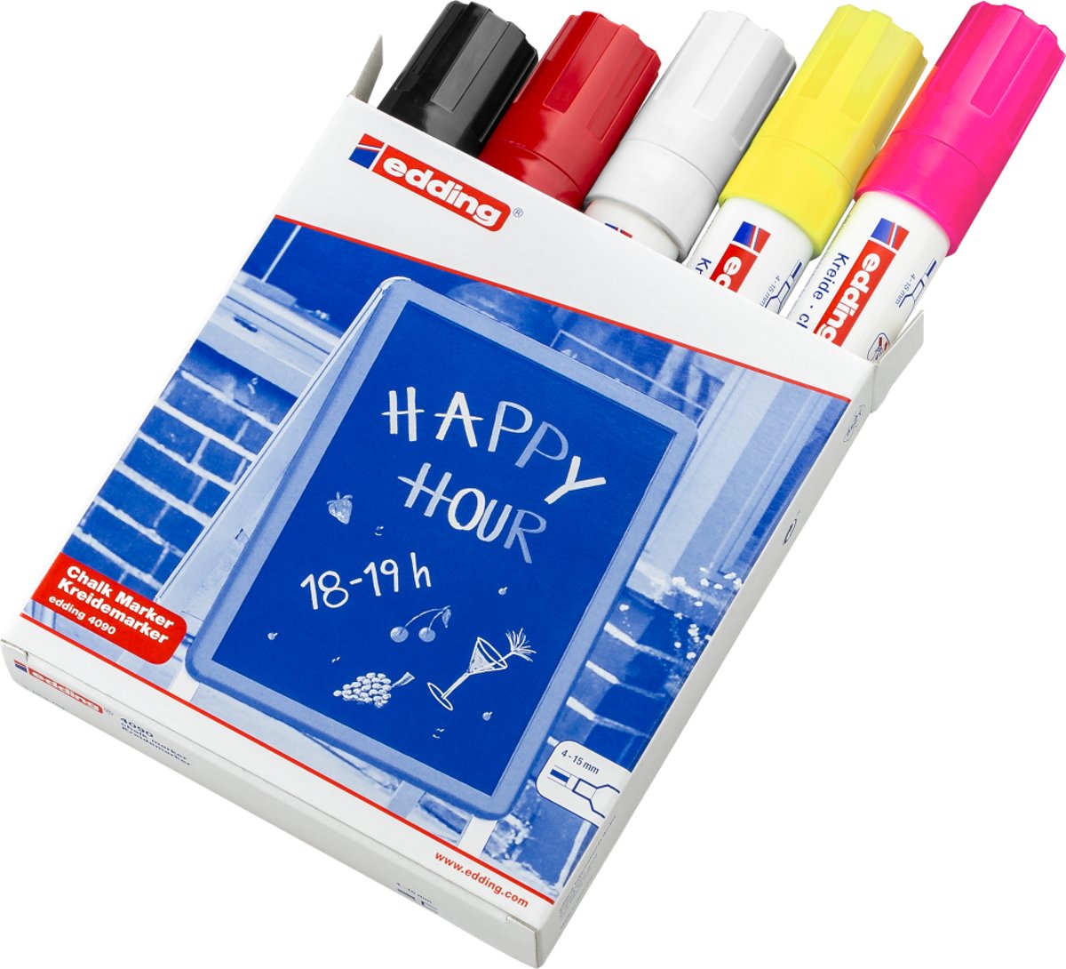 edding 4090/5 krijtmarker 5 assorti kleuren - krijtmarkers - raamstift - raamstiften - chalkmarker -– krijtstift – glasstift – schoolbordstift – krijtbordstift – stoepbordstift