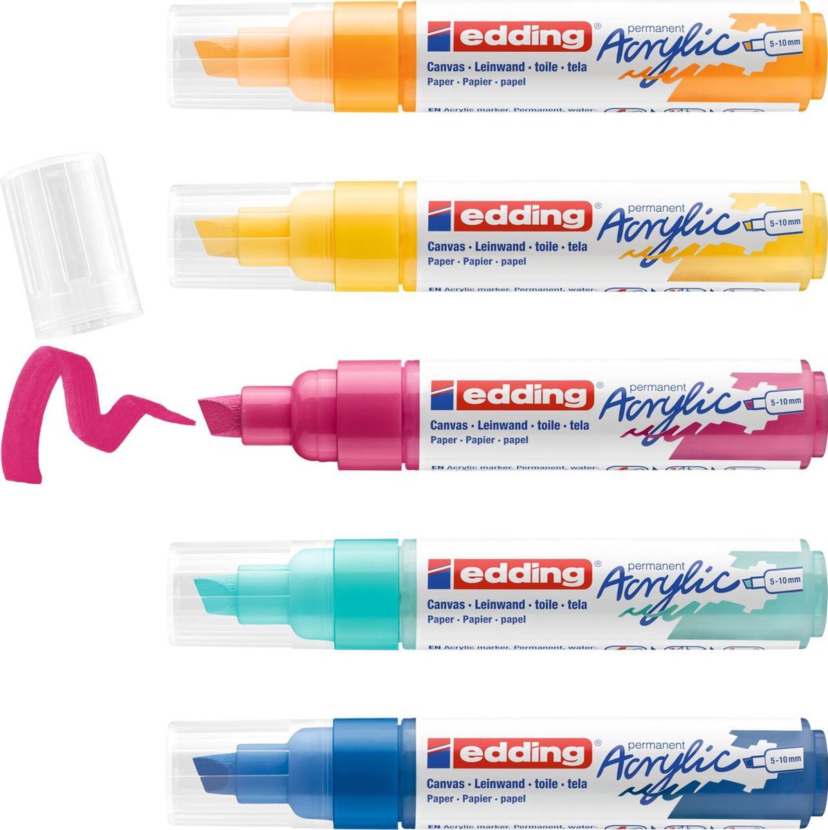 edding 5000 acrylmarker breed - set met 5 acrylkleuren (abstract): geel, zonne-geel, blauw, roze, turquoise - beitelpunt, 5-10 mm