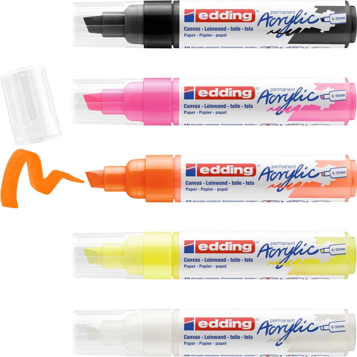 edding 5000 acrylmarker breed - set met 5 acrylkleuren: wit, zwart, neon-geel, neon-oranje, neon-roze - beitelpunt, 5-10 mm