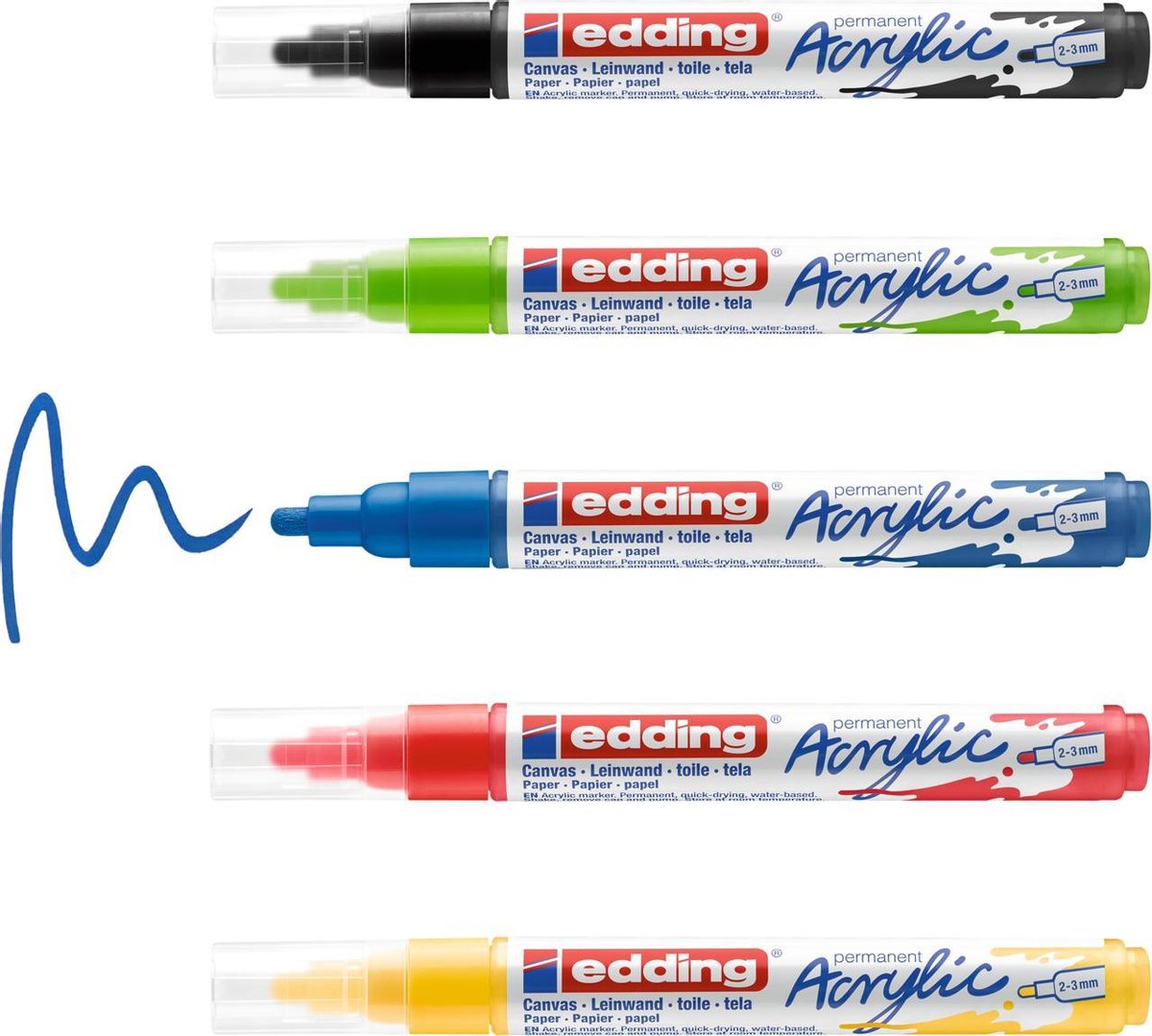 edding 5100 acrylmarker medium - set met 5 kleuren verfstiften (basis): zwart, rood, blauw, geel, geel-groen - medium ronde punt, 2-3 mm