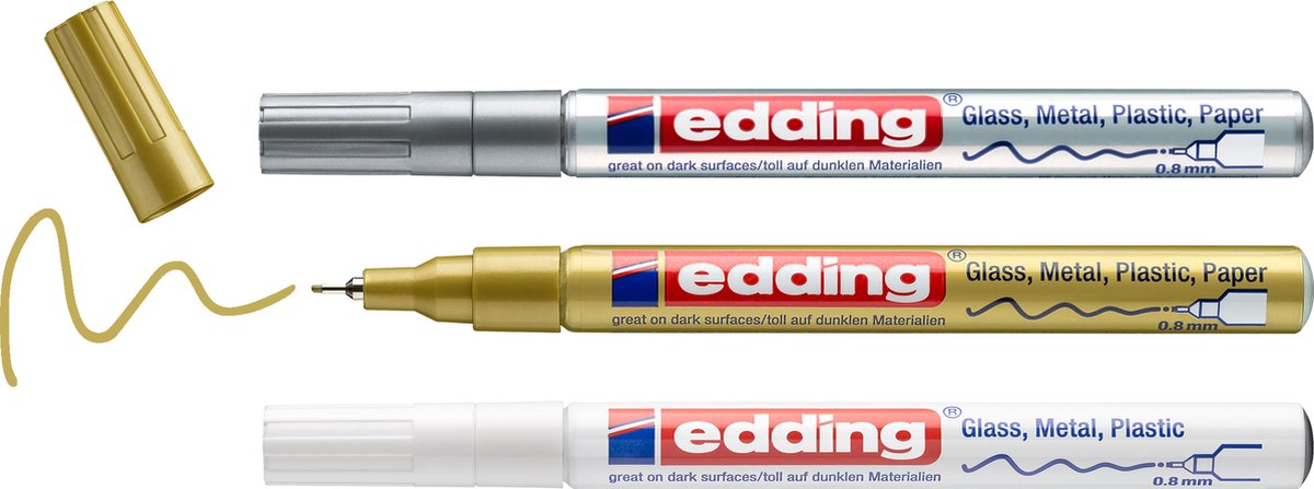 edding 780/3S metallic lakmarker set - assorti 3 stuks: wit, goud, zilver - 0,8mm