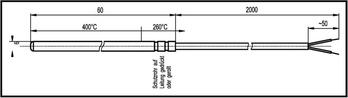 Enda K1-TC-J-6x60-2m-600°C Thermokoppel Sensortype J Meetbereik temperatuur-50 tot 600 °C Kabellengte 2 m Sensor-Ø 6 mm