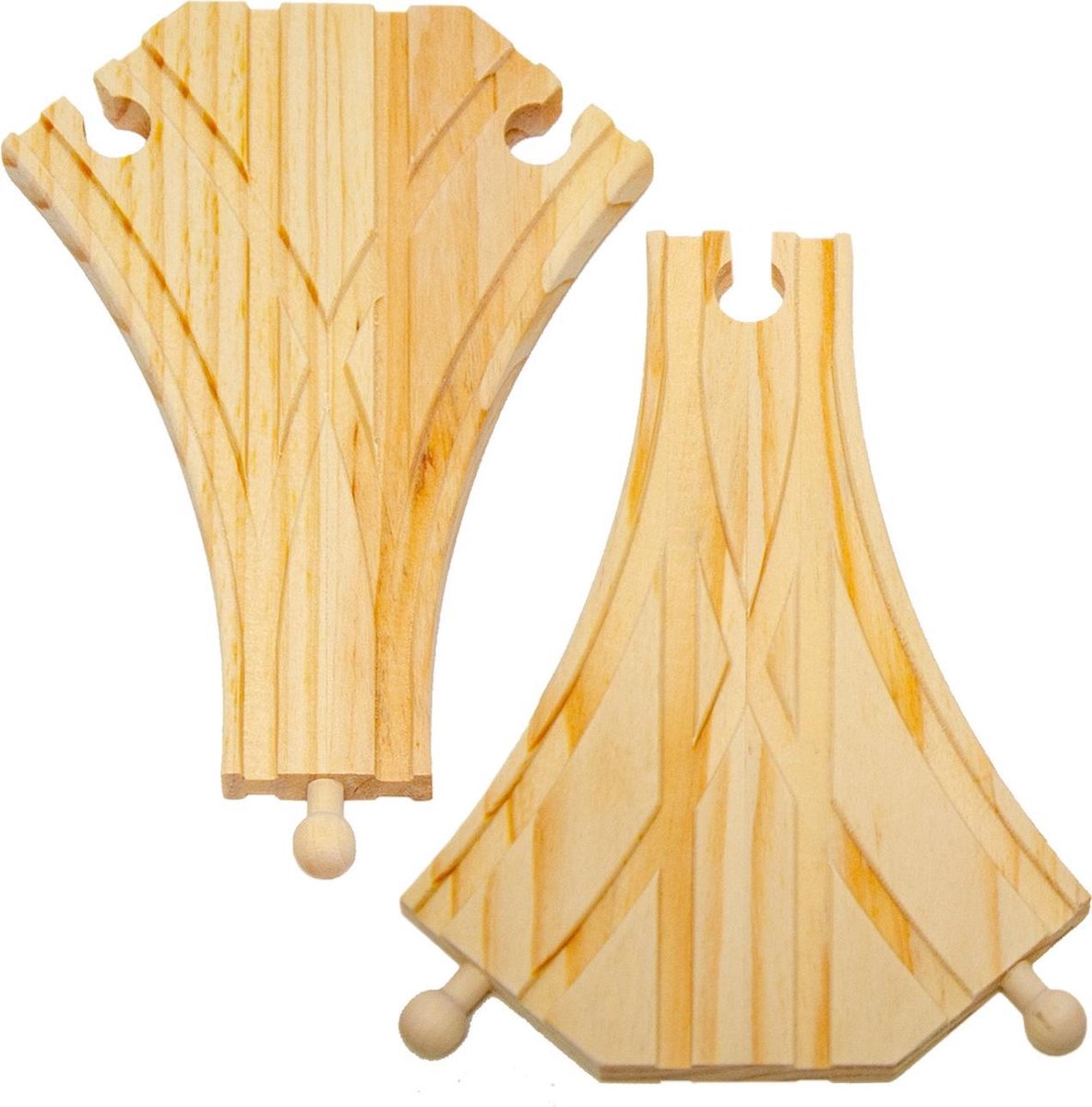 set van 2 houten wissels, elk ca. 18x12,5cm, set houten spoorstaafbochten