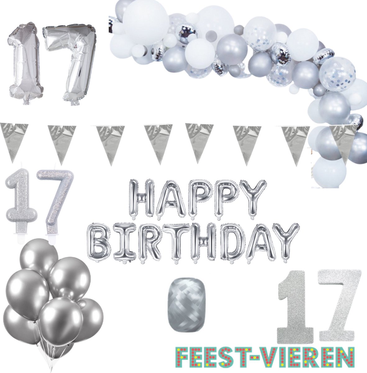 17 jaar Verjaardag Versiering Pakket Zilver XL