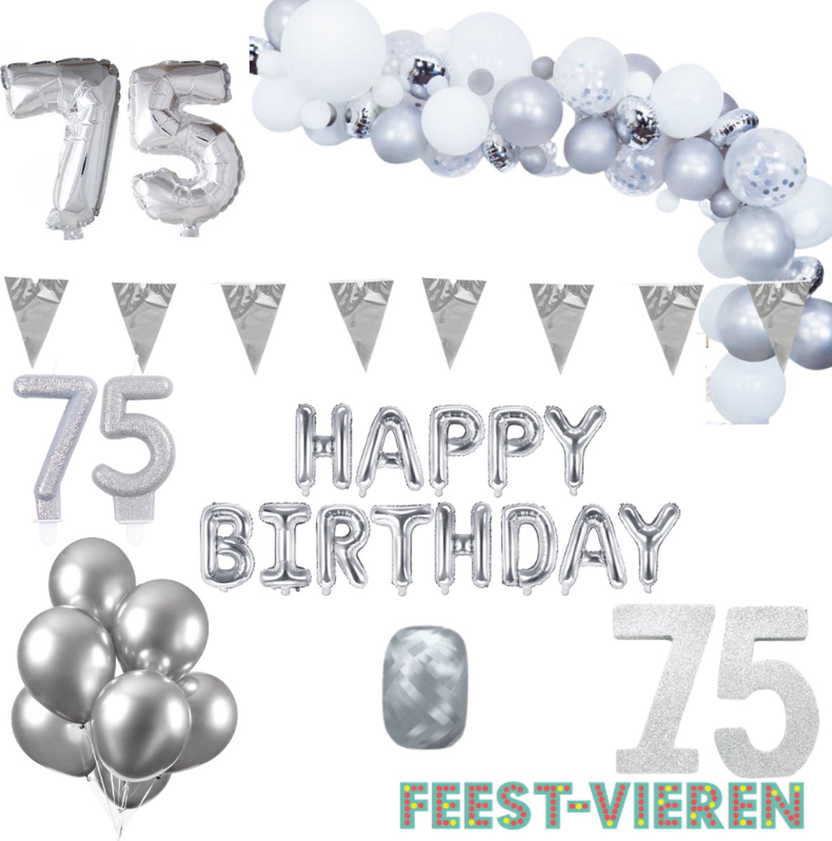 75 jaar Verjaardag Versiering Pakket Zilver XL