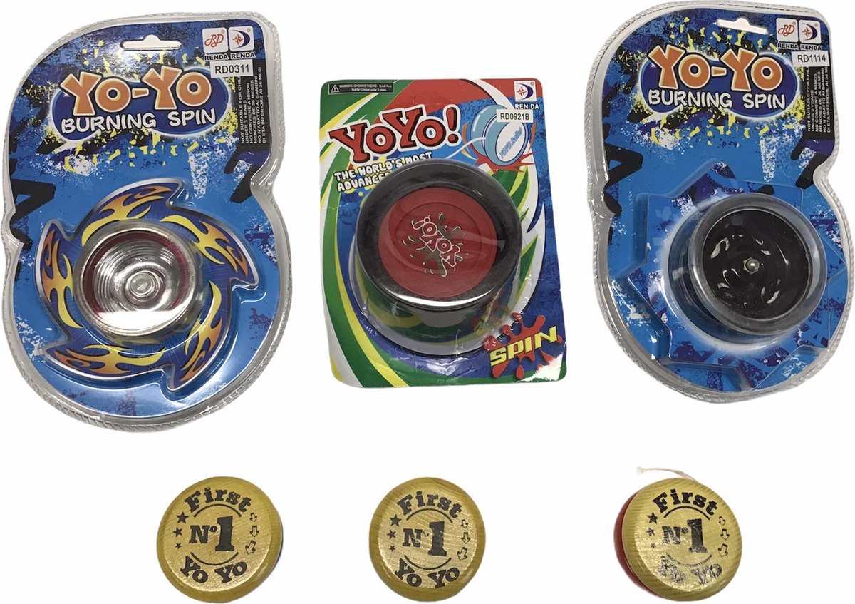 jojo set van 6 stuks 3 houten jojos en 3 kunststof yoyos yoyo