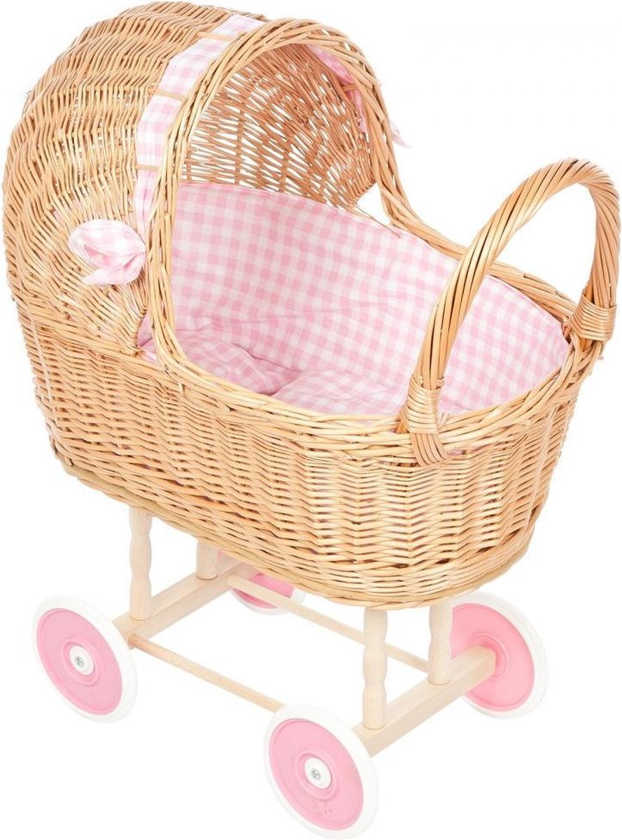 forbabies Rieten Poppenwagen Licht Roze Ruiten & Roze Wielen