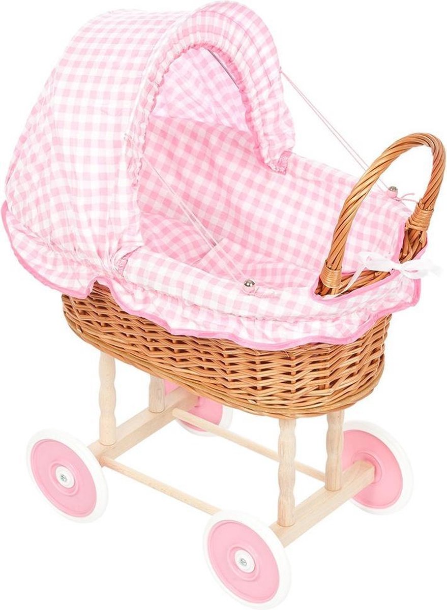 forbabies Rieten Poppenwagen Licht Roze Ruiten Bekleding & Roze Wielen