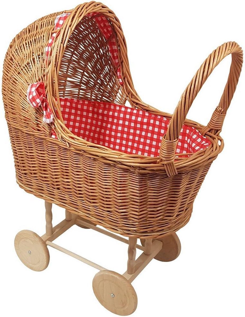 forbabies  Rieten Poppenwagen Rood Ruiten & Blanke Wielen