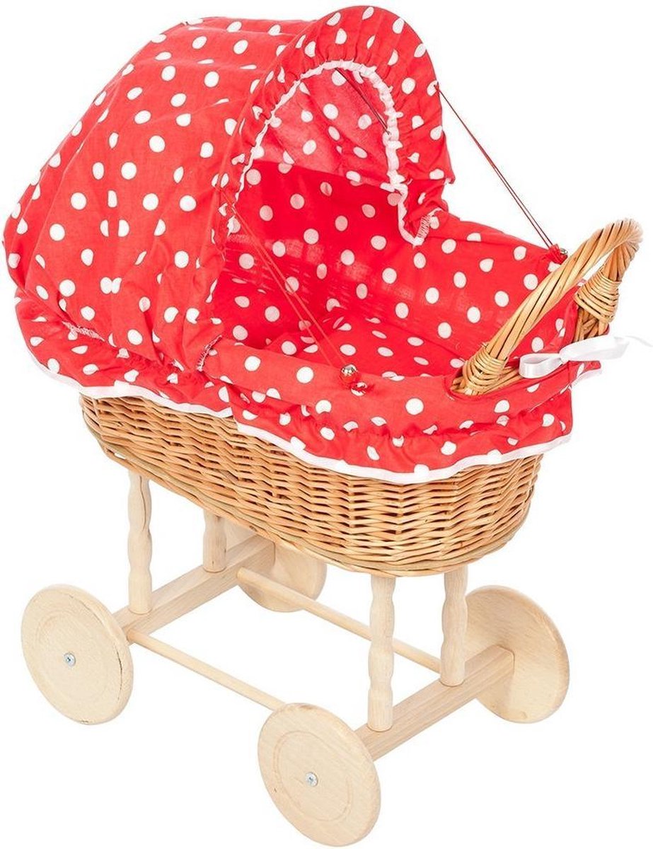 forbabies Rieten Poppenwagen Rood Stippen Bekleding & Blanke Wielen