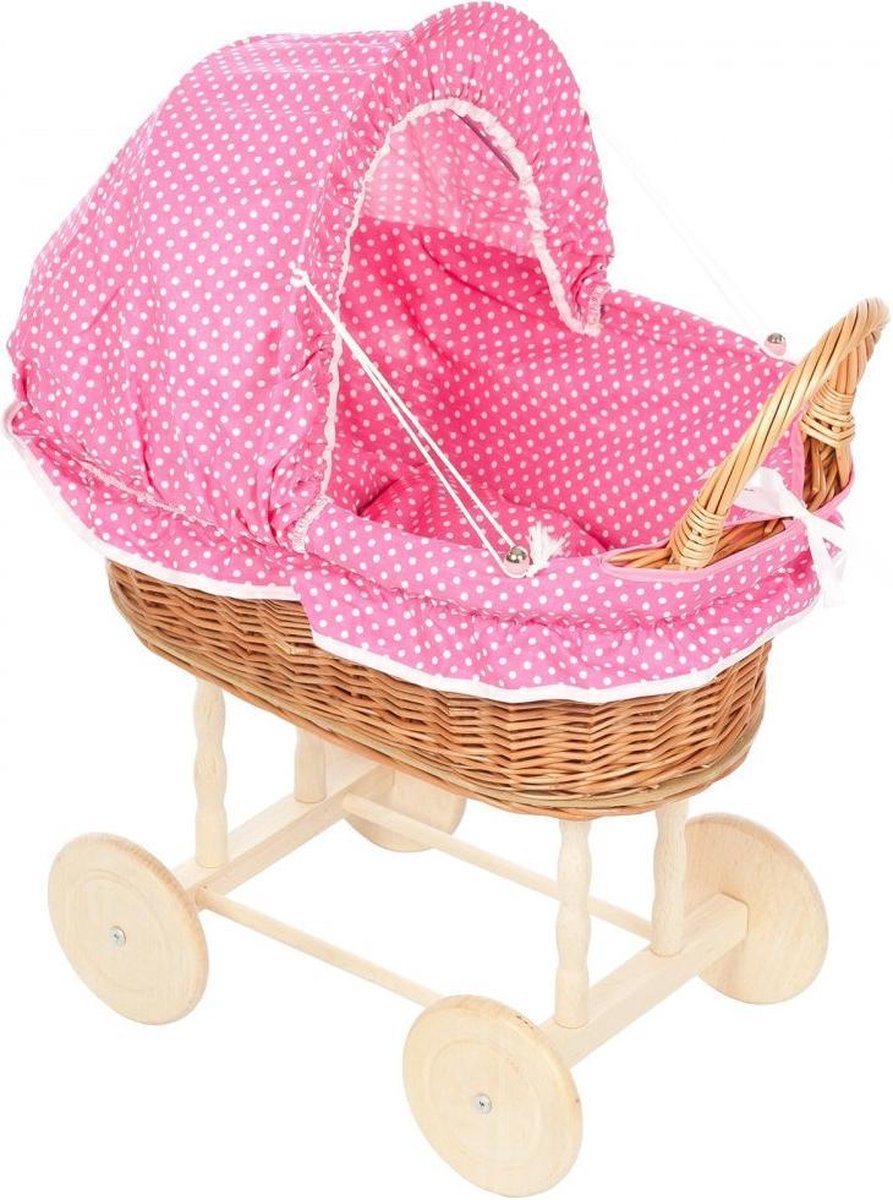 forbabies Rieten Poppenwagen Roze Stippen & Blanke Wielen