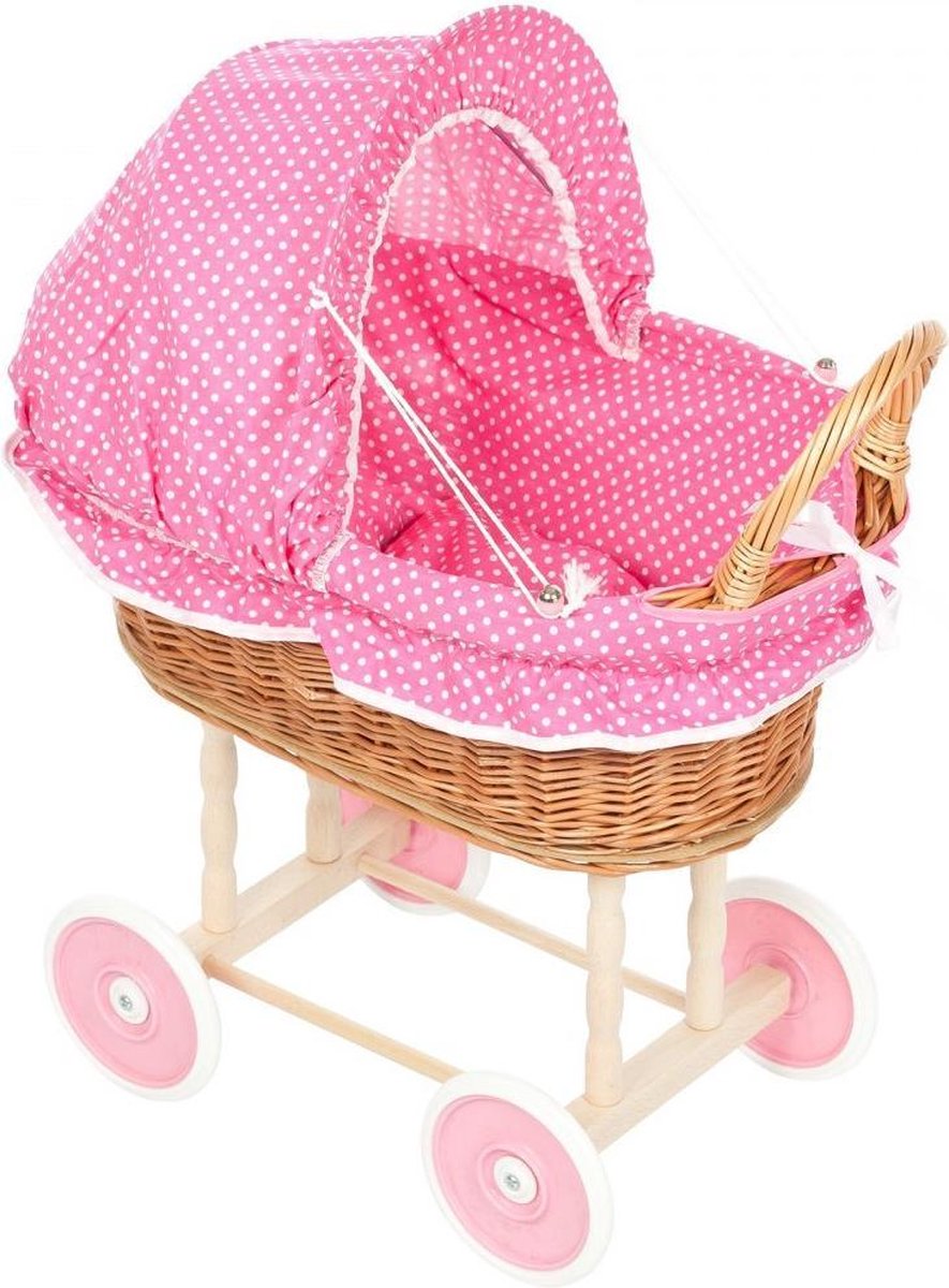 forbabies Rieten Poppenwagen Roze Stippen & Roze Wielen