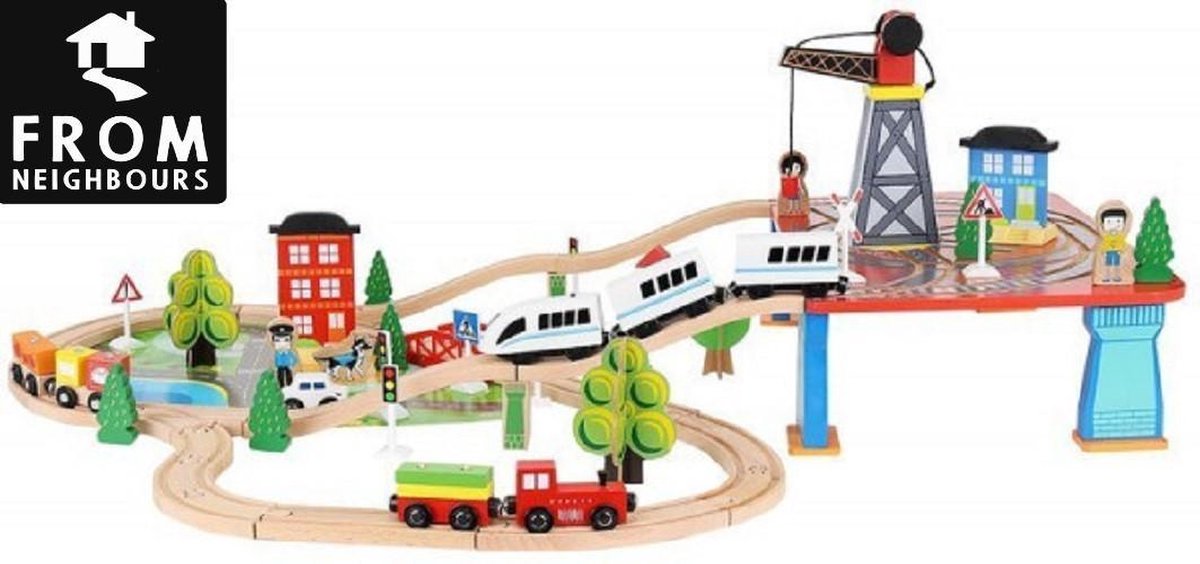 Houten Trein Set - Trein set 88-delig - Treinbaan Set - Spoorbaan - Houten Speelgoed