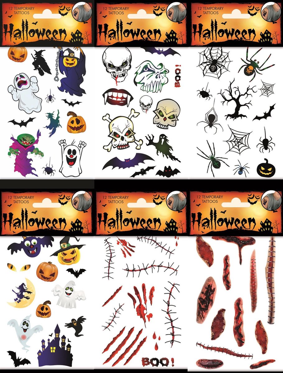 Halloween Tattoos Set -Tijdelijke Tattoo - Body Glitter - Plak Tattoos - Nep Tattoo - Fake Tattoo - Kinderen en volwassenen - 6 Vel met elk 12 tattoos