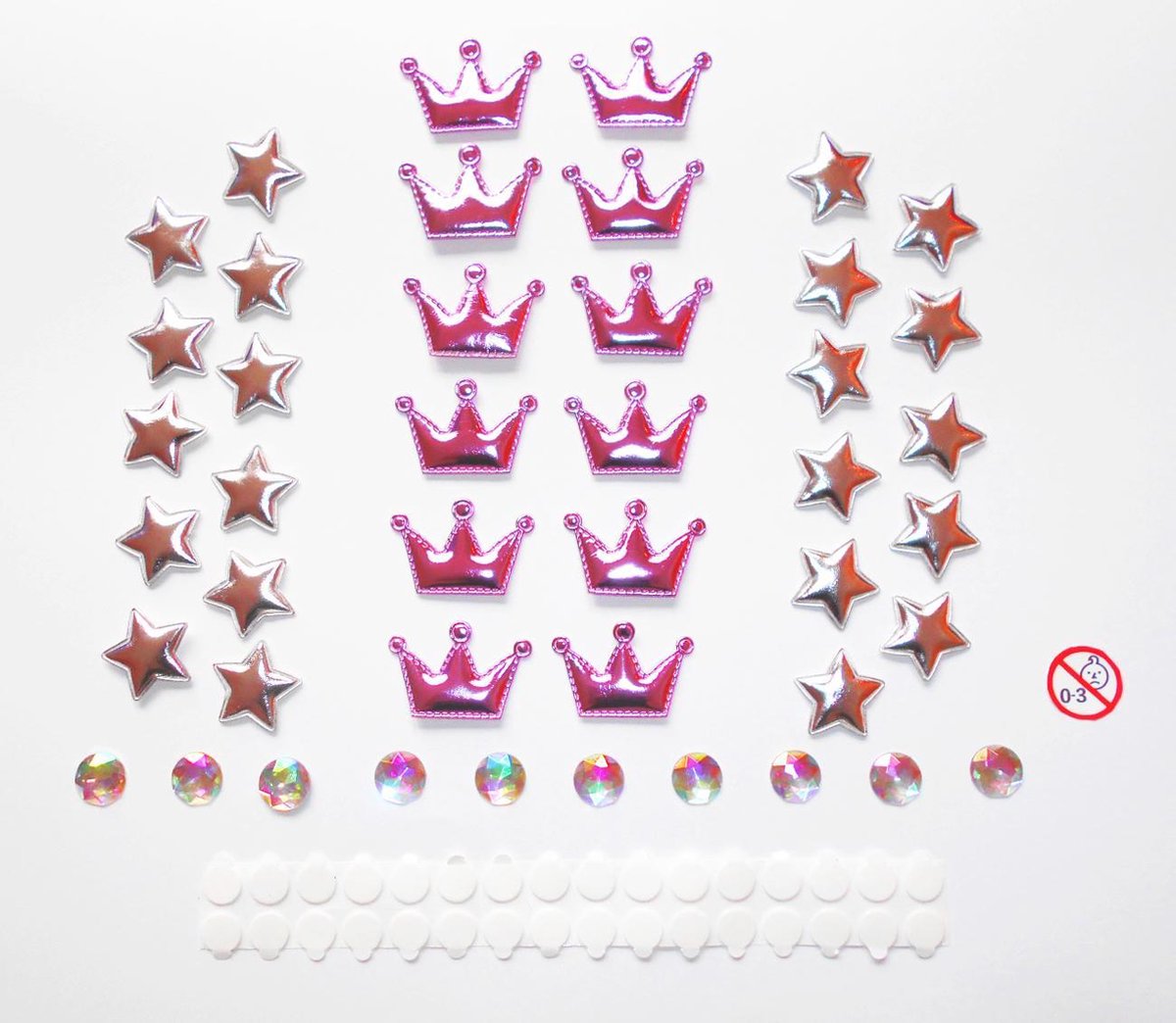 Funnylight Deco Parts decoratie set 3D kronen roze en zilveren sterren patches, diamanten en bevestigingsmateriaal