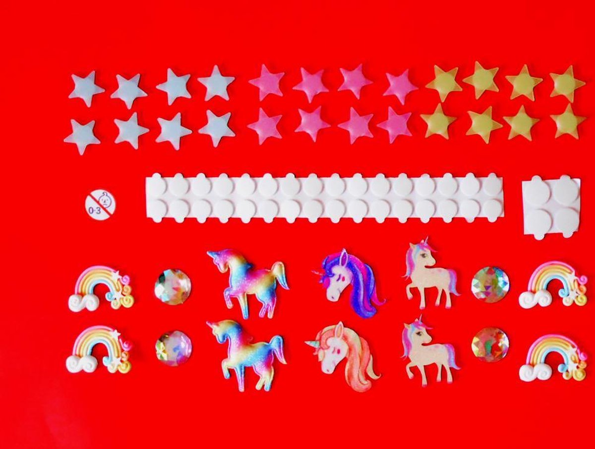 Funnylight Deco Parts set unicorn regenboog , diamanten, glow in the dark sterren,   en 3D eenhoorn patches met bevestiging materiaal