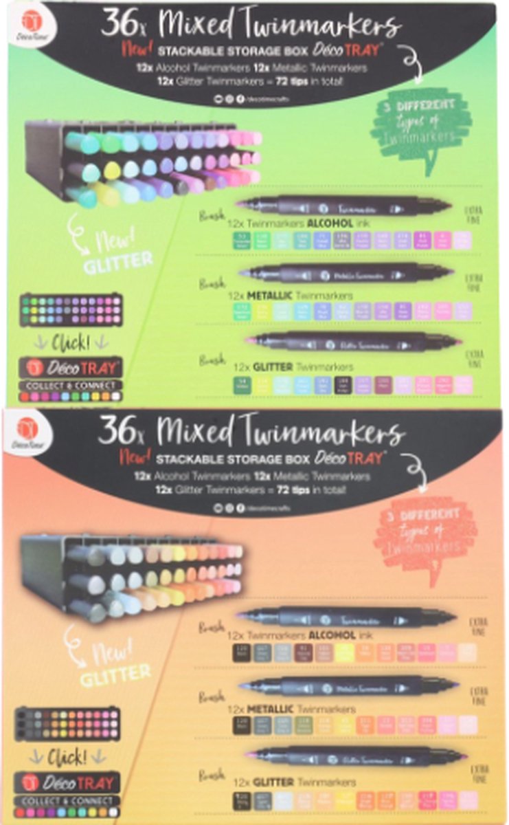 72 Twinmarkers Mixed - Metallic-Alcohol-Glitter Twinmarkers - 3 Soorten Markers - 2 Punten Brush & Extra fijn - Stapelbare boxen - Hobby - Kleuren voor volwassenen - Diverse kleuren