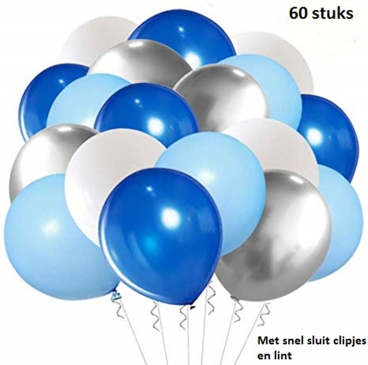 60 XL Babyshower ballon assortiment - Geboorte jongen - Blauw metallic, pastel blauw, wit metallic en zilver - biologisch afbreekbaar latex - extra groot 38 cm lang - peervorm - voor helium, lucht, etc.met snel sluiters en lintjes 60 stuks